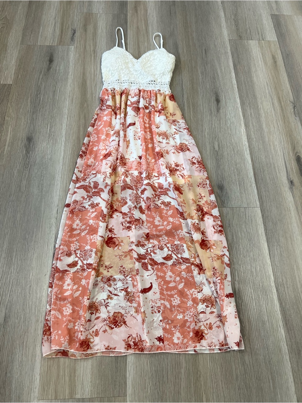Floral Lace Bodice Maxi Dress - White & Coral